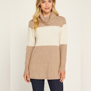 Athleta Tan and Cream Cowl Neck Sweater 100% Cashmere Sz L